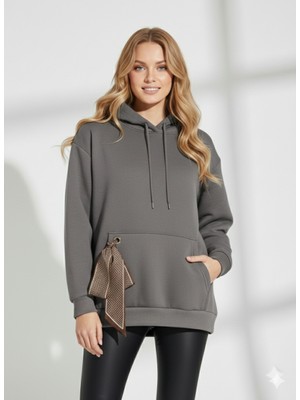 Ribana Classic Kadın Kapüşonlu Yumuşak Dokulu Cep Detaylı Fularlı Uzun Kollu Sweatshirt