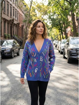 Lujiz Kadın Ceket Renkli Desenli V Yaka Düğmeli Kadın Ceket