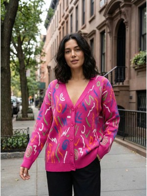 Lujiz Kadın Ceket Renkli Desenli V Yaka Düğmeli Kadın Ceket