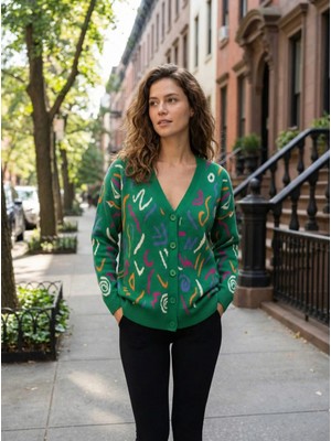 Lujiz Kadın Ceket Renkli Desenli V Yaka Düğmeli Kadın Ceket