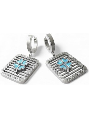 Cesicey Mavi Yonca Desen Çelik Küpe Gümüş Renk