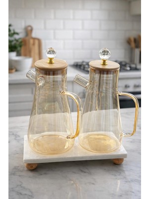 Morponi Mermer Stantlı Borosilikat Cam Kristal Bambu Kapaklı Yağdanlık Seti 900  Ml+ 900 ml Amber