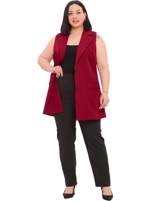 Disentis Modest Büyük Beden Düğmeli Kapaklı Cepli Astarlı Uzun Bordo Yelek
