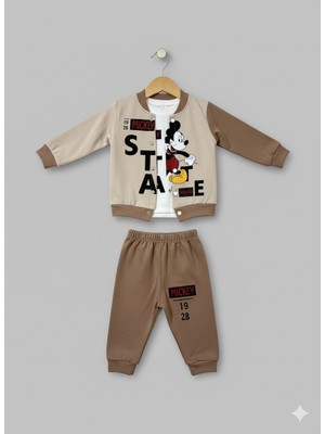 Selvira 3’lü Takım | Mickey Tarzı Karakter Baskılı Sweat, Ceket ve Alt Eşofman