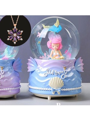 UltraNova Deniz Kızı Temalı Müzikli Işıklı Orta Boy Kar Küresi ve Lotus Kolye Hediye