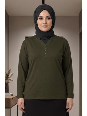 Pıtırcık Cimariva Kadın Neval Büyük Beden V Yaka Taşlı Haki Bluz