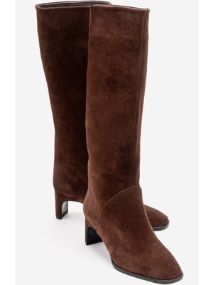 Luvi Taly Kahverengi Süet Hakiki Deri Kadın Blok Topuklu Çizme