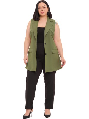 Disentis Modest Büyük Beden Düğmeli Kapaklı Cepli Astarlı Uzun Haki Yelek