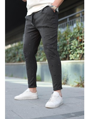 Madmext Ekoseli Siyah Eşofman Dar Paça Erkek Polyester Karışımlı Türkiye Menşeli