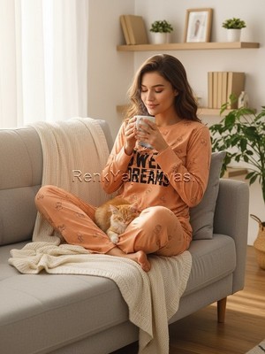 Renk Yapı Rüyası % 100 Koton Uzun Kollu Yumuşak Dokulu Pamuklu Cotton Bisiklet Yaka Kadın Pijama Ribana 2400599