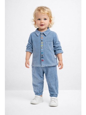 Dinamik çocuk Bebek Unısex Rakam Nakışlı Esnek Kot Takım 2li Alt Üst Gömlek+Pantolon Bayramlık 6-24AYLIK