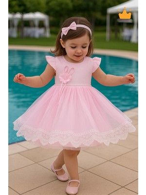 Minimony 0-24 Ay Gofre Tül Etekli Kız Bebek Çocuk Gelinlik Abiye Bayramlık Elbise Saç Bandı Set Pembe 1007