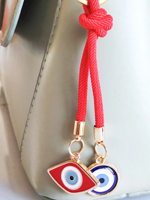 Ipli Kırmızı Mavi Nazar Boncuklu Metal ve Cam Çanta Süsü