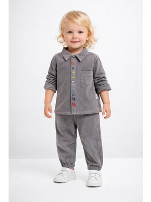 Dinamik çocuk Bebek Unısex Rakam Nakışlı Esnek Kot Takım 2li Alt Üst Gömlek+Pantolon Bayramlık 6-24AYLIK