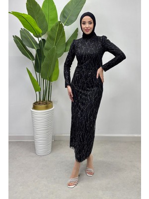 Tesettür Diyarı Kadın Işlemeli Tesettür  Abiye  - Siyah