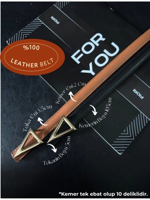 Fiori 2'li Hakiki Bombeli Deri Üçgen Tokalı Basic Kadın Pantolon Kemeri, Ceket Kemeri, Elbise Kemeri