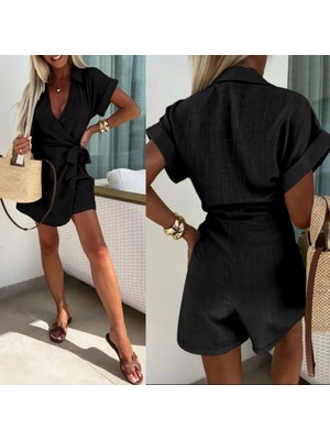 Etiler Collection Kadın Keten Kumaş Gizli Fermuar ve Belde Kuşak Detaylı Tulum