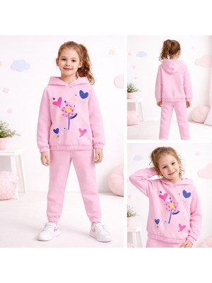 Kr Kids Butik Kız Çocuk Kapüşonlu Eşofman Takımı – Pembe Baskılı, Pamuklu, Günlük & Spor
