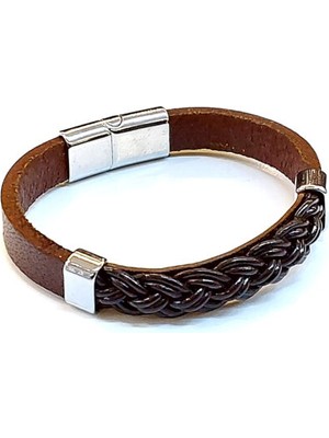 Herşey Nota Umbra Duo – Kahverengi & Siyah Örgü Hakiki Deri Erkek Bileklik #50-687