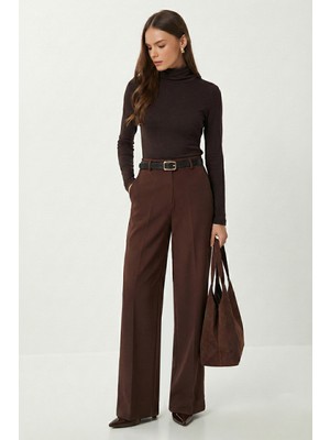 Happiness İstanbul Kemerli Geniş Paça Esnek Örme Pantolon LBY0035 Kahverengi