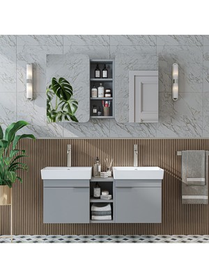 Roomart Likya 2 Kapaklı ve Açık Raflı Mdflam 2 Lavabolu 120 cm Banyo Alt Dolabı Üst Dolabı