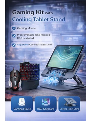 Jolita Samsung Galaxy Tab S10 Lite SM-X400 Uyumlu 3'ü 1 Arada Gaming Set Klavye Mouse Soğutucu Stand