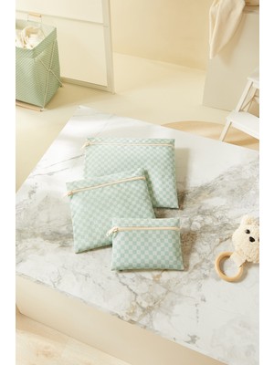 Ocean Home Textile 3'lü Su Geçirmez Pvc Astarlı Mint Dama Desen Islak Kuru Çantası 20 x 13 / 24 x 20 / 30 x 24 cm