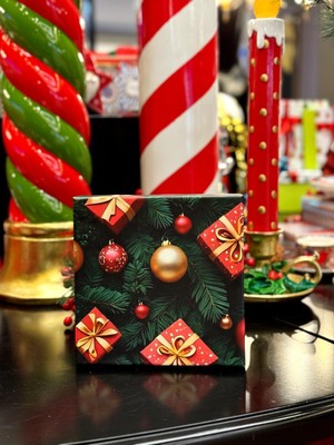 Kolix 2li Takım Yılbaşı Hediye Kutusu 20X20 cm Hediye Taslama Kutu Yeni Yıl Çam Ağacı Dekoratif Kutu