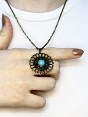 Esha Doğal Taş Firuze Doğal Taşlı Yuvarlak Model Antik Kadın Kolye EUK49F