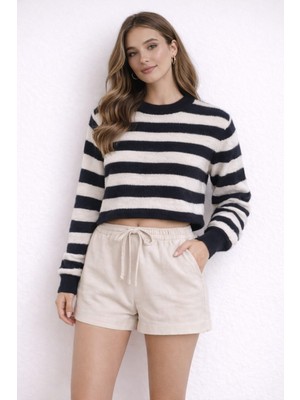 Kadın Çizgili Kazak Yuvarlak Yaka Pamuklu Sakallı Kazak Triko