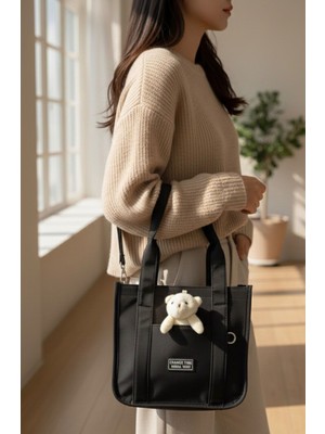 Ayıcıklı Kolon Askılı Buzi Kumaş El ve Omuz Çantası