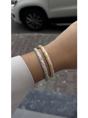 Glossy Jewelery 2'li Set Mineli (Taş Desenli Motifli) Çelik Bileklik Lila-Açık Pembe
