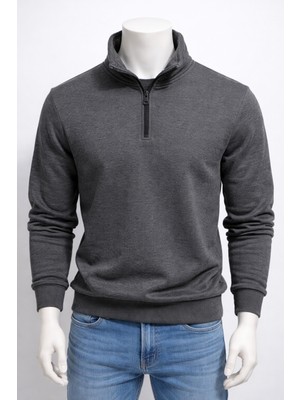 Erkek Yarım Fermuar Sweatshirt 3 Iplik Şardonlu Pamuklu Rahat Kumaş