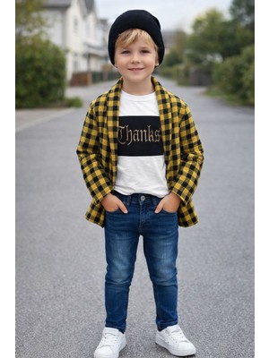 Kokoş Bebe Erkek Çocuk Thanks Baskılı Tişört Jean Pantolon Ekose Ceket 3’lü Kombin
