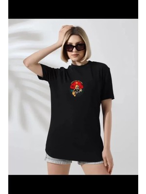 Cottonlab Unisex Bisiklet Yaka Baskılı T-Shirt - Siyah