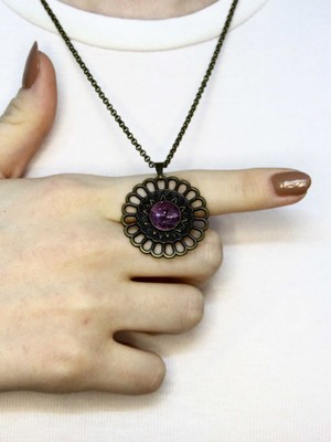 Esha Doğal Taş Ametist  Doğal Taşlı Yuvarlak Antik Kadın Kolye EUK49AMT