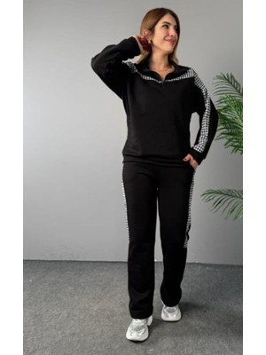 Etiler Collection Kadın Fermuar ve Ekose Detay Sweatshirt ve Pantolon Üç Iplik Kumaş Ikili Takım