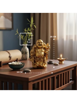 İki Yedi Konsept Gülen Buda Altın Ton Dekoratif Biblo 26 cm | Ev Ofis Feng Shui Objesi, Şans ve Bereket Figürü
