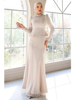 Olcay Kolye Detaylı Balık Model Dantel Tesettür Abiye Elbise TAŞ 1058