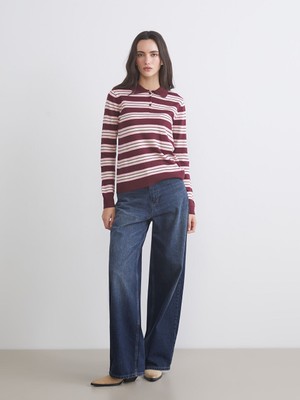 LC Waikiki Vision Bordo Polo Yaka Çizgili Kadın Triko Kazak