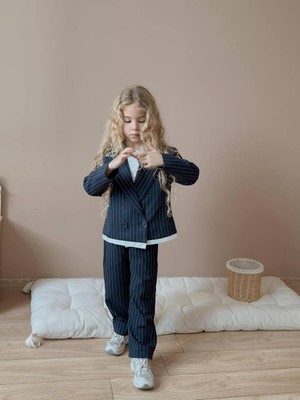 Miniko Kids Kız Çocuk Poliviskon Çizgili Blazer Ceket Pantolon Dokuma Kumaş Takım