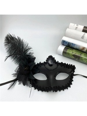 Jet Sepet Siyah Mat Renk Yandan Tüylü Güllü Parti Balo Venedik Maskesi