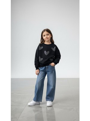 Miviko Kız Çocuğu Takımı Alt Üst  Set Kotlu  Takım Taşlı Desenli Pantolon Beli Lastikli Pamuk Kumaş Fulll Ikralı