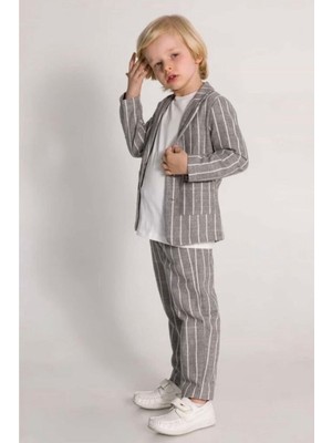 Dmb Ceketli 3 Lü Erkek Çocuk Takım Elbise Keten Pamuklu Ceket Pantalon Tişört