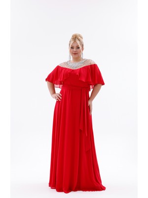 Bdm Exclusive Şifon Taş Işlemeli Kat Kat Yaka Detaylı Büyük Beden Abiye Elbise