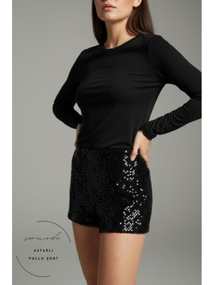 Sermoda Pullu Şort - Pul Payetli Normal Bel Mini Kadın Şort Siyah