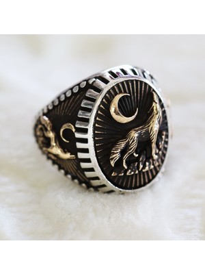 Canka Kurtlu Üç Hilal 925 Ayar Gümüş Erkek Yüzük