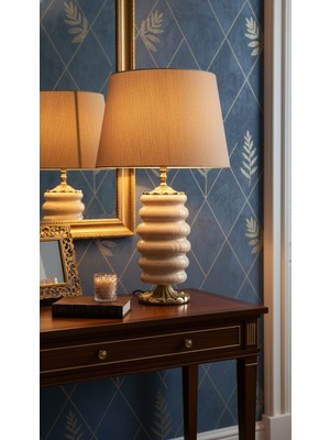 El Yapımı Mermer Taşlı Bronz Desenli Abajur (65 cm yükseklik)