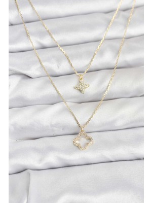 Clariss Pirinç Gold Renk Yonca Model 2'li Kadın Kolye - KLY-0631