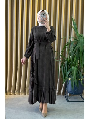 Misswhence 38806 Cupro Dantel Detaylı Elbise Kahverengi